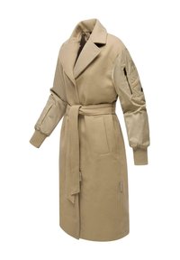 Beige trenchcoat met een ceintuur in de taille, met een wollen lichaam en satin afgewerkte pofmouwen met geribbelde manchetten en een ritszak.