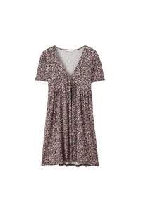 Robe à imprimé floral avec manches courtes, encolure en V, taille froncée, fond principalement sombre avec des fleurs roses et blanches, tissu léger.