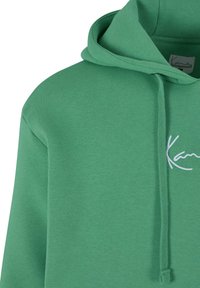 Felpa verde in misto cotone, con tasca frontale, cordini e logo ricamato bianco sul petto. Texture morbida.