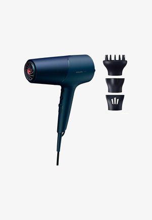 Asciugacapelli Philips di colore blu scuro con un beccuccio conico, dotato di pulsanti sul manico e due accessori per la styling rimovibili.