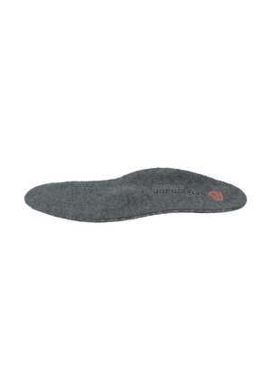 Gray felt insole with a contoured shape. It features slight texture and has a small logo printed in red near the edge.