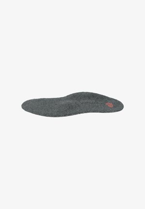Gray felt insole with a contoured shape. It features slight texture and has a small logo printed in red near the edge.