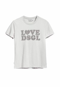 T-Shirt grigio chiaro a maniche corte con la scritta "LOVE DSGL" in stampa decorativa. Girocollo con una texture morbida e una vestibilità casual.