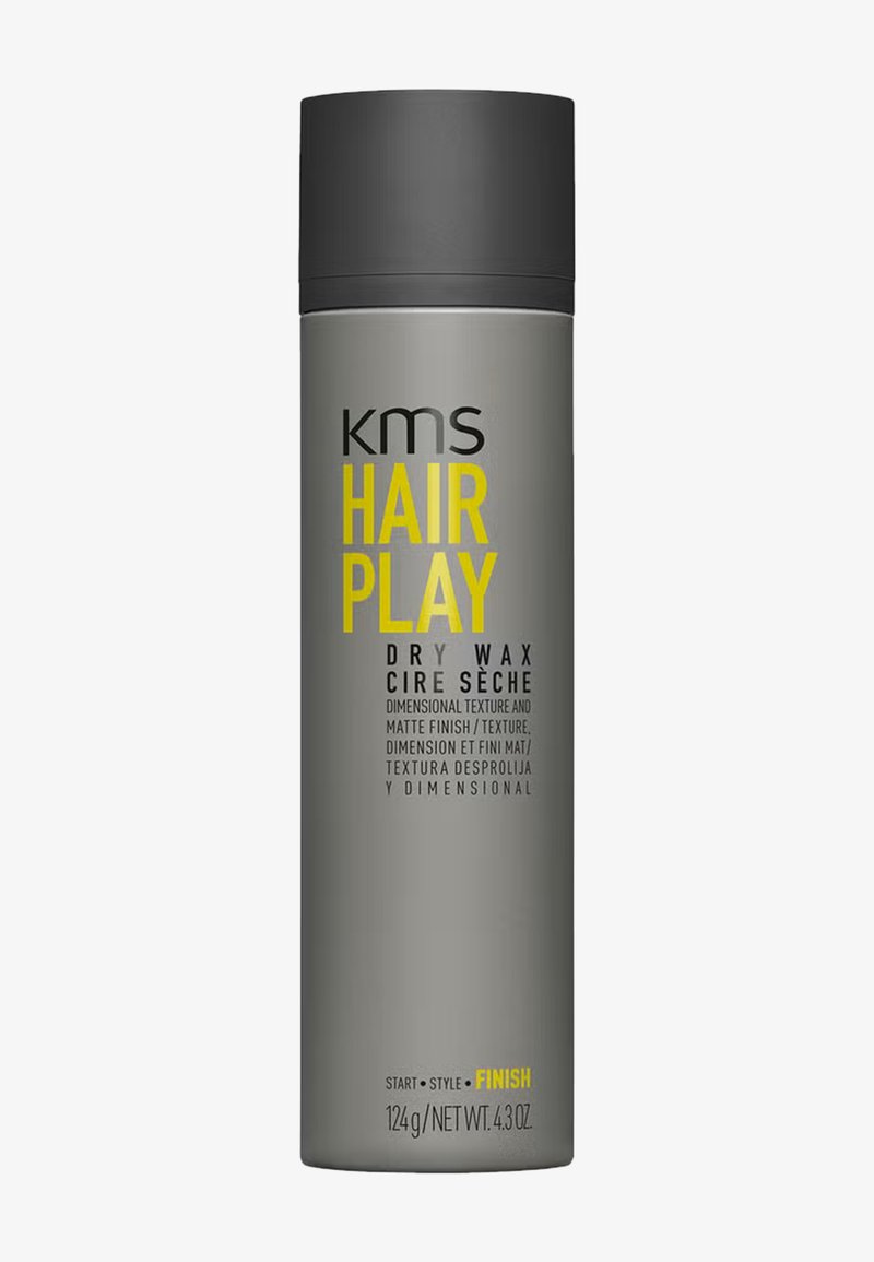 KMS Hair Play Dose mit Trockenwachs, grau mit schwarzem Deckel, gekennzeichnet für dimensionale Textur und mattes Finish, 124g/4,3oz Gewicht.
