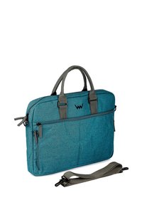 Türkisfarbene Laptop-Tasche aus Stoff mit grauen Lederakzenten, doppelten oberen Griffen, verstellbarem Schultergurt und vorderer Reißverschlusstasche. Strukturiertes Finish.