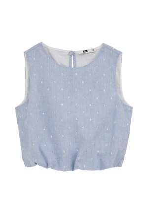 Gaiši zils bezapkaklītes krekls ar baltām vertikālām svītrām un maziem baltajiem izšūtajiem ziediem, aizdare ar pogām aiz kakla aizmugurē.