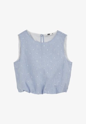 Befreiintaus šviesiai mėlynas trumpas viršus su baltomis vertikaliomis juostelėmis ir mažais baltais siuvinėtais žiedais, užsegamas mygtuku nugaroje prie kaklo.