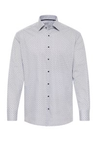 Wit mannen overhemd met lange mouwen, knoopsluiting en een zwart cirkelvormig geometrisch patroon, voorzien van een spread collar.