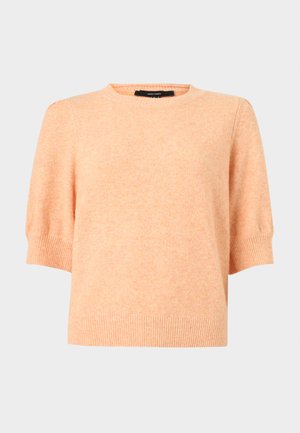 Suéter corto de punto naranja suave con mangas cortas, puños, dobladillo y cuello redondo acanalados, etiquetado como Vero Moda.