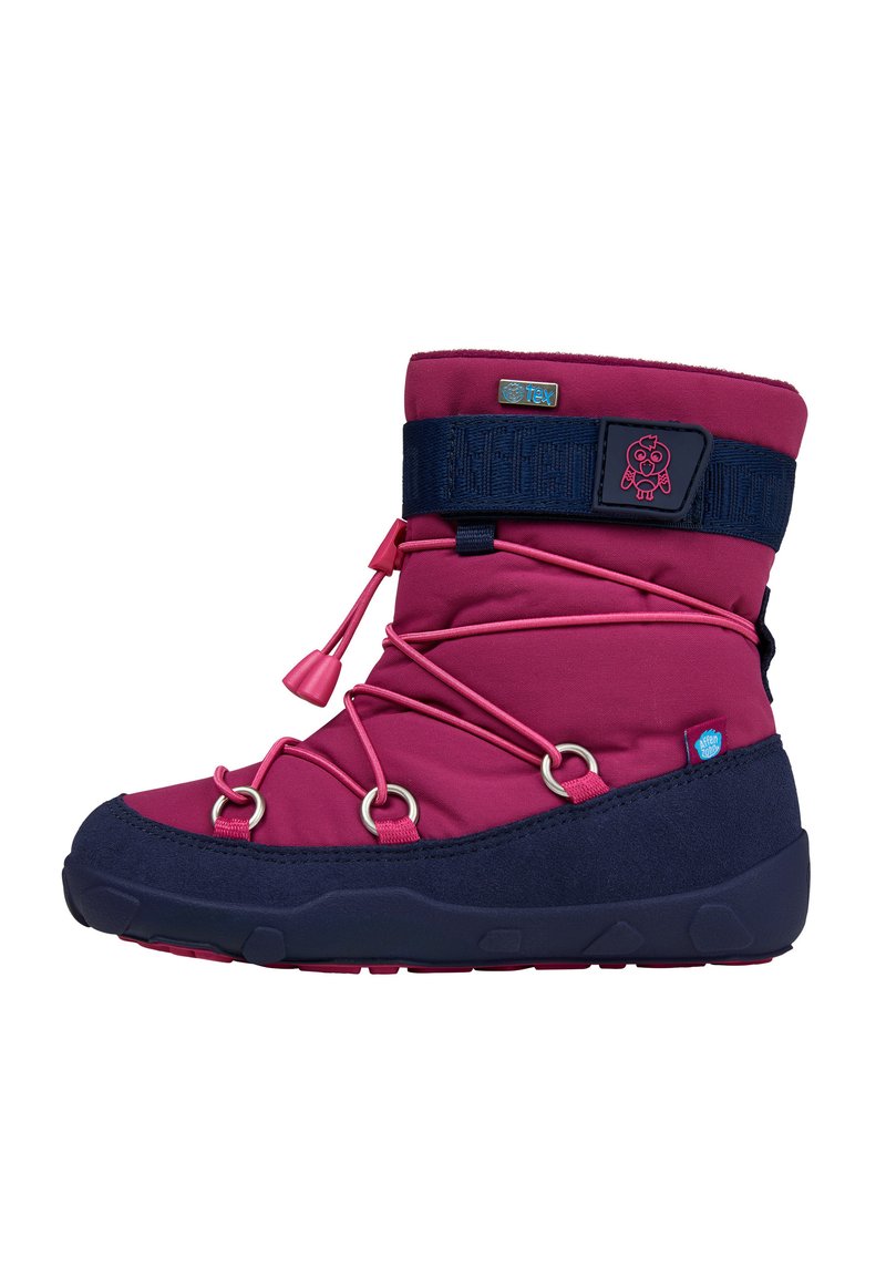 Roze waterdichte laars met marineaccenten, voorzien van een gestructureerde riem, verstelbare veters en rubberen zool. Iconisch uilenlogo op de riem.