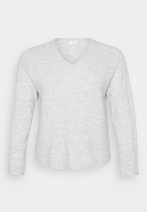 Vaaleanharmaa pitkähihaisessa neuleessa on ribbikuviointi, V-pääntie ja hieman kaareva helma. Pehmeä materiaali sisältää hienovaraisia kuvioyksityiskohtia.