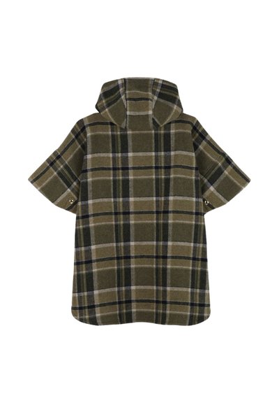 Poncho verde a scacchi con cappuccio, realizzato in un tessuto morbido. Presenta maniche corte e un orlo arrotondato, accentuato da linee bianche e blu navy.