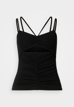 Musternööbiga must sans-sleeve top, millel on reguleeritavad õhukesed rihmad, esiosas rüütud disain ja lõhik detail keskosas.