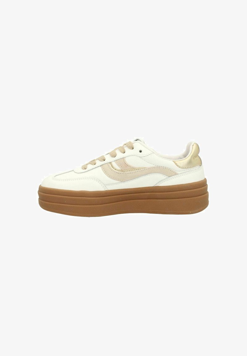 Sneaker bianca con accenti beige e una suola chunky marrone. Presenta una tomaia in pelle liscia e un design con punta arrotondata, arricchita da dettagli testurizzati.