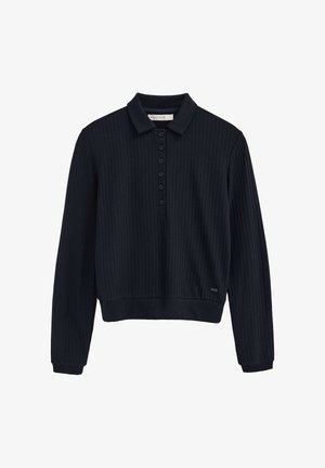 Polo à manches longues côtelé bleu marine avec six boutons noirs, col et poignets ajustés, étiqueté Polo Club.