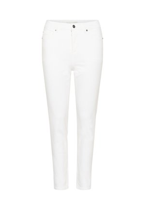 Jean blanc slim avec fermeture à boutons et zip à l'avant, passants pour ceinture, et poches avant et arrière.