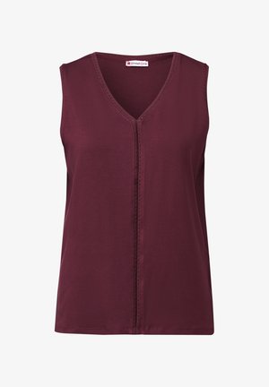 Top sin mangas en color marrón, confeccionado en suave algodón, con un escote en V y un panel frontal decorativo con costura. Tejido suave con un corte relajado.