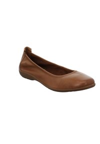 Brown leather ballet flats with a rounded toe, low-profile heel, and soft interior lining. The exterior features a smooth finish.