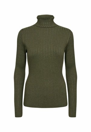Olivgrüner, gerippter Rollkragenpullover aus weichem Material, mit langen Ärmeln und einer figurbetonten Passform mit hohem Kragen.