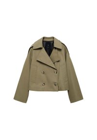 Trench court vert olive raccourci avec large col, double boutonnage sur le devant et manches longues.