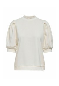 Cream-colored short-sleeve blouse with high neckline and puffed sleeves gathered at cuffs, plain front, soft fabric texture.