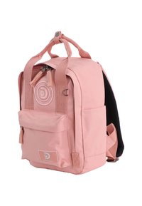 Pink backpack made of durable fabric, featuring a rounded shape, zip closure, outer pocket, and stitched logo detail on front.