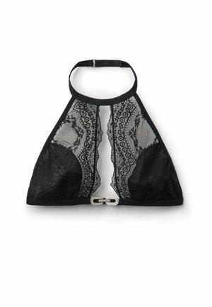 Bandeau halter noir avec des panneaux en dentelle transparente, un motif floral et un fermoir métallique décoratif à l'avant. Tissu doux avec une finition lisse.