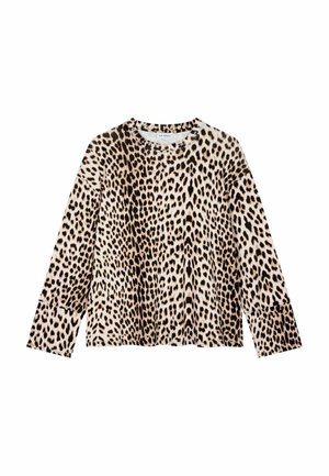 Hedvábná košile s dlouhým rukávem v leopardím vzoru a kulatým výstřihem. Měkká látka se vzorem černých a hnědých skvrn na béžovém pozadí. Rovné švy.