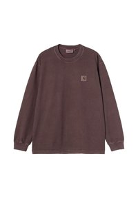 Camisa de manga larga en algodón marrón oscuro con cuello redondo y un pequeño parche de logo. Presenta puños acanalados y un corte relajado.