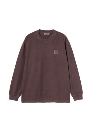 Camisa de manga larga en algodón marrón oscuro con cuello redondo y un pequeño parche de logo. Presenta puños acanalados y un corte relajado.