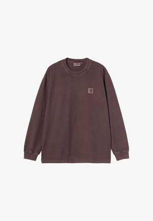 Camisa de manga larga en algodón marrón oscuro con cuello redondo y un pequeño parche de logo. Presenta puños acanalados y un corte relajado.