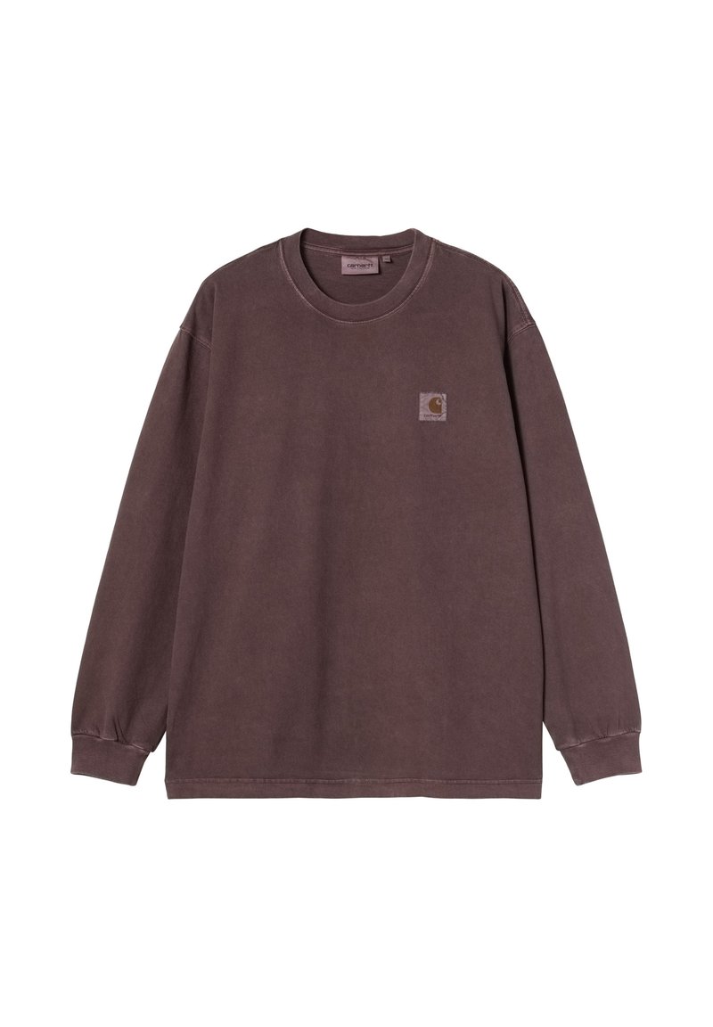 Camisa de manga larga en algodón marrón oscuro con cuello redondo y un pequeño parche de logo. Presenta puños acanalados y un corte relajado.