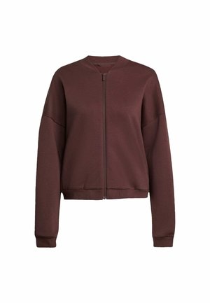 Brown zip-up long-sleeve bomber jacket with ribbed cuffs and hem, minimalist design, and a round neckline.