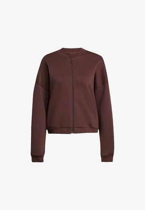 Brown zip-up long-sleeve bomber jacket with ribbed cuffs and hem, minimalist design, and a round neckline.