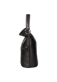 Borsa in pelle nera con finitura testurizzata, un manico superiore singolo e una tasca laterale con zip. Presenta una base arrotondata e un design minimalista.