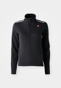 Čierna bundy s dlhým rukávom na zips a vysokým golierom, s šedými pruhmi na pleciach, obsahuje malé červené a biele logo na ľavej strane hrude.