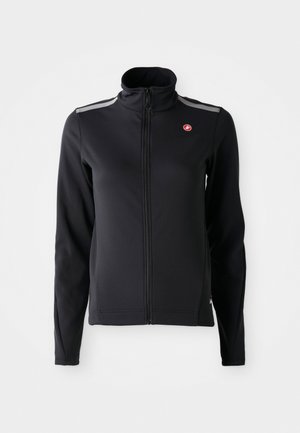 Veste noire à manches longues avec fermeture éclair et col haut, dotée de rayures grises sur les épaules, avec un petit logo rouge et blanc sur la poitrine gauche.