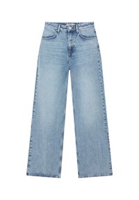 Jean large bleu clair en denim, doté d'un style classique à cinq poches et d'une fermeture à boutons. Texture usée sur le tissu.