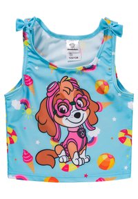 Canotta acquatica realizzata in tessuto leggero, con uno sfondo blu decorato da un cane cartone animato e motivi colorati di gelato e palla da spiaggia.