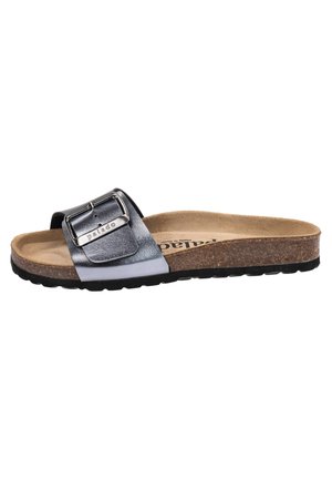 Metallic black and silver slide sandal with a large adjustable buckle, cork footbed, and black rubber sole. Flat design, casual style.