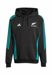 Sort hættetrøje med turkise sidestreger og tre striber. Har en frontlomme og hvid "All Blacks" logo med et sølvfarvet bregne-design.