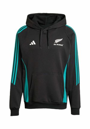 Black hoodie with turquoise side panels and three stripes. Features front pocket and white "All Blacks" logo with a silver fern design.