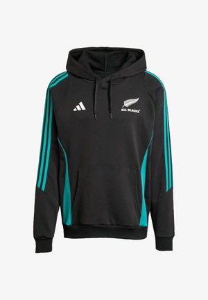 Schwarzer Hoodie mit türkisfarbenen Seitenpaneelen und drei Streifen. Verfügt über eine Fronttasche und ein weißes "All Blacks"-Logo mit einem silbernen Farn-Design.