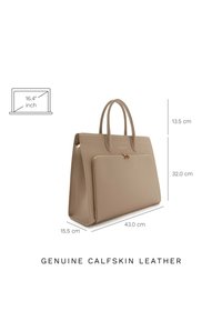 Beige genuine calfskin leather tote bag with dual handles, a front zip pocket, and dimensions of 43 cm x 32 cm x 15.5 cm. Suitable for a 16.4-inch laptop.
