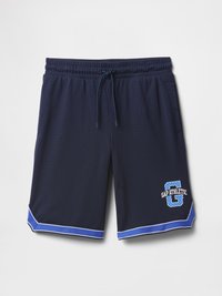 Pantalones cortos atléticos de malla en color azul marino con cintura elástica, detalles en color azul y texto en blanco "GAP ATHLETIC" en la pierna izquierda.