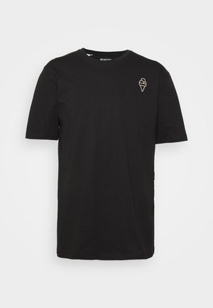 T-shirt en coton noir à manches courtes et col rond. Présente un petit motif brodé d'un cornet de glace en or sur le côté gauche de la poitrine.