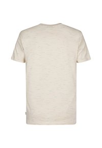 Camiseta de manga corta en tejido beige claro con un sutil patrón texturizado. Presenta un cuello redondo y un corte recto con costuras simples.