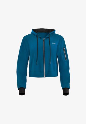 Hanorac scurt de culoare teal cu accente negre, fermoar frontal, șnururi reglabile și o buzunare cu fermoar pe manșetă. Fabrică netedă, design ajustat.