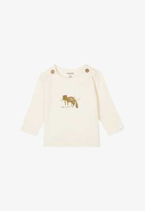 Langärmliges cremefarbenes Hemd aus Baumwolle mit einem goldenen Druck eines Fuchses und dem Text "Take it Easy!" sowie Holzkopfknöpfen an den Schultern.