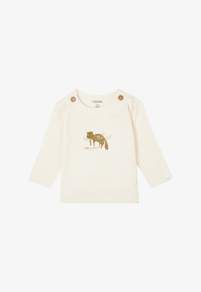 Langärmliges cremefarbenes Hemd aus Baumwolle mit einem goldenen Druck eines Fuchses und dem Text "Take it Easy!" sowie Holzkopfknöpfen an den Schultern.